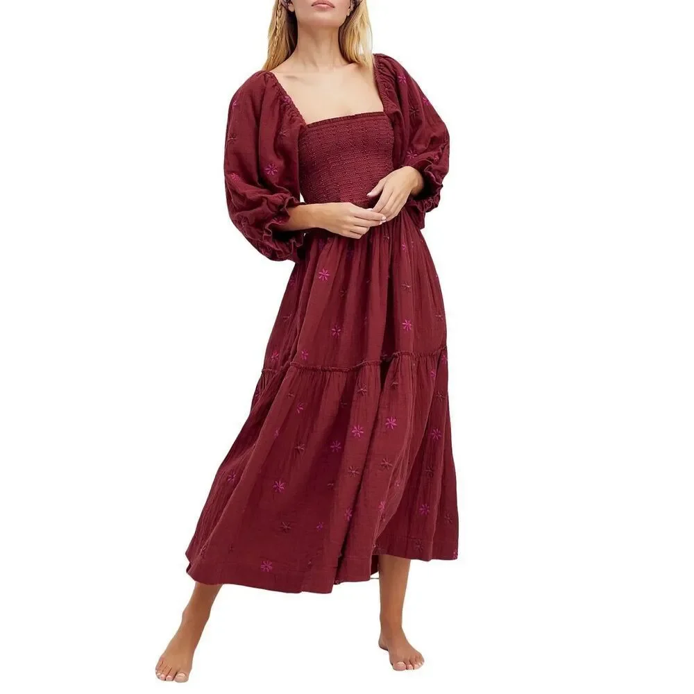 Free People Dahlia Embroidered Maxi Dress Burgundy